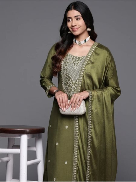 Buy Mahendi Color Viscos Chanderi Kurti set in Wholesale Rate 3 Piece Kurti Set
