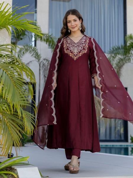 Buy Maroon Embroidered Anarkali Kurta with Pants and Dupatta 