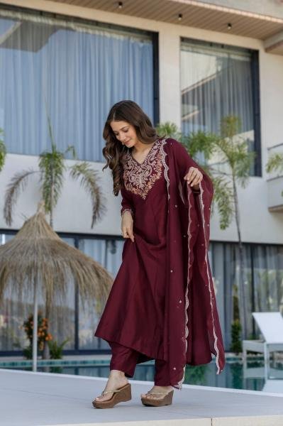 Buy Maroon Embroidered Anarkali Kurta with Pants and Dupatta Anarkali Kurtis 