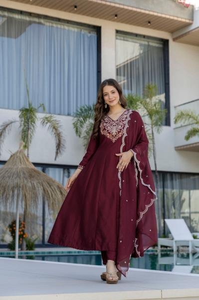 Buy Maroon Embroidered Anarkali Kurta with Pants and Dupatta Anarkali Kurtis 