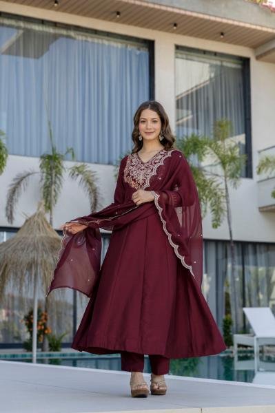 Buy Maroon Embroidered Anarkali Kurta with Pants and Dupatta Anarkali Kurtis 