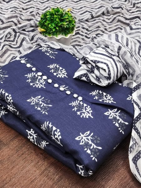 Buy Navy Blue Cotton Slub Print Dress Material Collection At Wholesale Rate