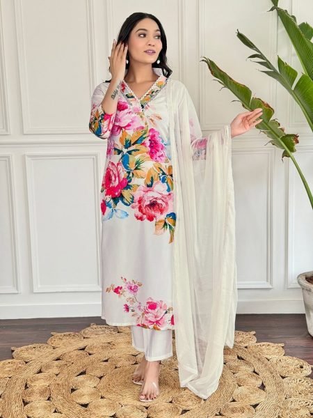 Buy off White French Crepe Kurti set in Wholesale Rate  3 Piece Kurti Set