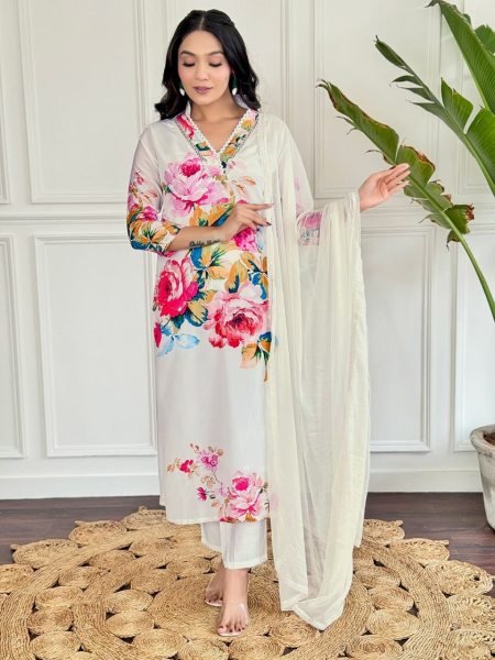 Buy off White French Crepe Kurti set in Wholesale Rate  3 Piece Kurti Set