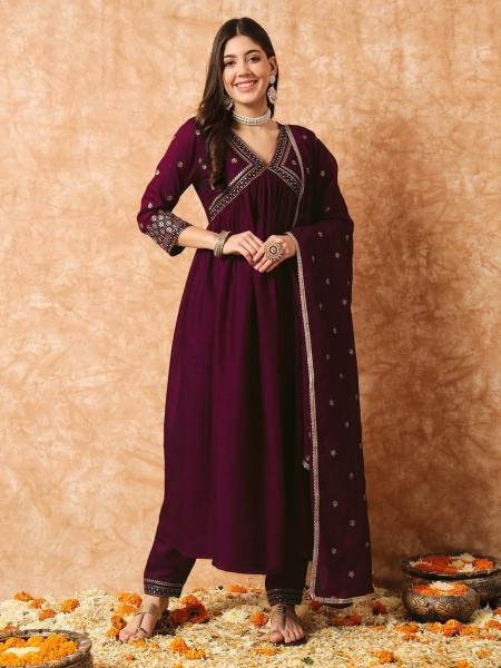 Buy Online Wine Vichitra Silk Embroidered A-Line Kurta Set with Chinon Dupatta For Women  Kurtis