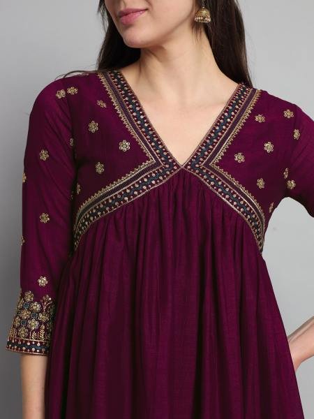 Buy Online Wine Vichitra Silk Embroidered A-Line Kurta Set with Chinon Dupatta For Women  3 Piece Kurti Set