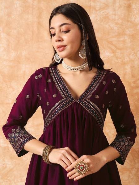 Buy Online Wine Vichitra Silk Embroidered A-Line Kurta Set with Chinon Dupatta For Women  3 Piece Kurti Set