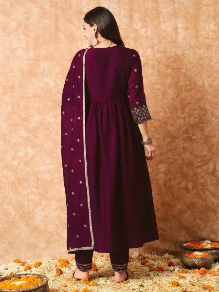 Buy Online Wine Vichitra Silk Embroidered A-Line Kurta Set with Chinon Dupatta For Women  3 Piece Kurti Set