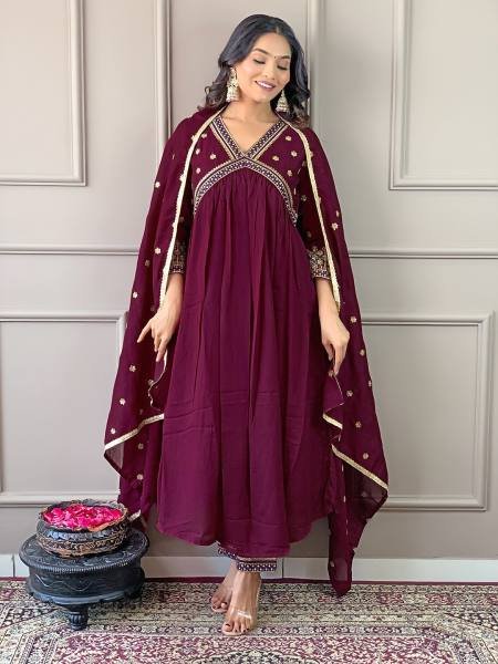Buy Online Wine Vichitra Silk Embroidered A-Line Kurta Set with Chinon Dupatta For Women  3 Piece Kurti Set