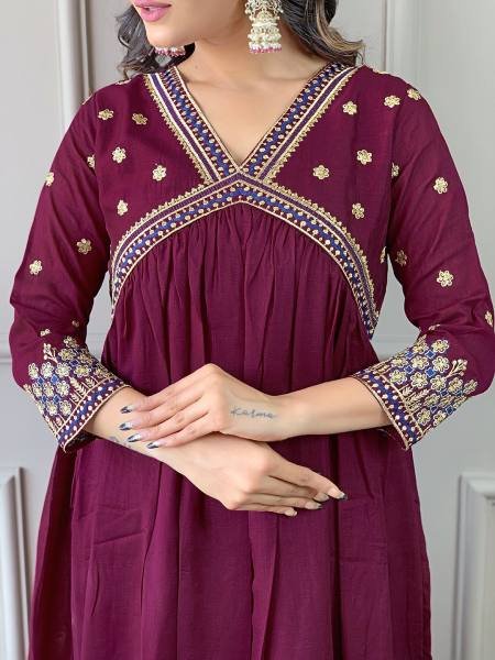 Buy Online Wine Vichitra Silk Embroidered A-Line Kurta Set with Chinon Dupatta For Women  3 Piece Kurti Set