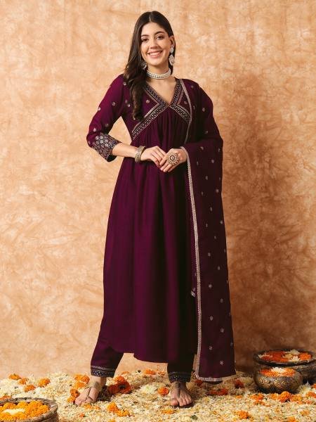 Buy Online Wine Vichitra Silk Embroidered A-Line Kurta Set with Chinon Dupatta For Women  3 Piece Kurti Set