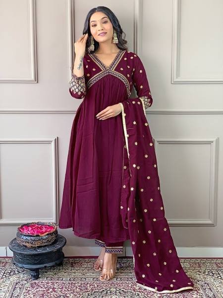 Buy Online Wine Vichitra Silk Embroidered A-Line Kurta Set with Chinon Dupatta For Women  3 Piece Kurti Set