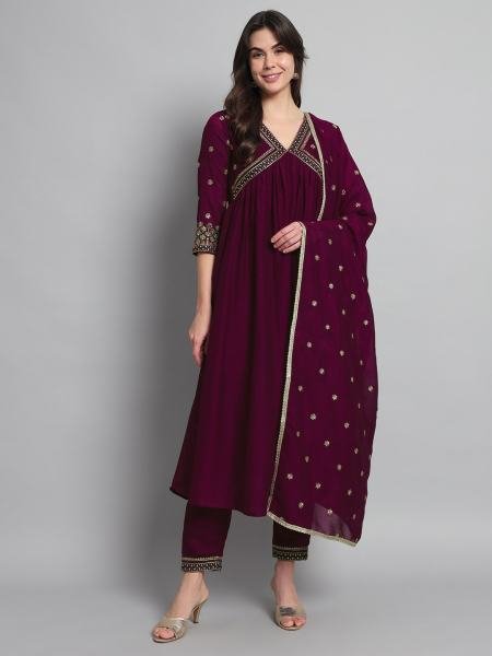 Buy Online Wine Vichitra Silk Embroidered A-Line Kurta Set with Chinon Dupatta For Women  3 Piece Kurti Set