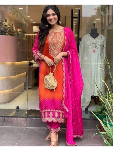 Buy Orange Color Pure Chinnon With Heavy Embroidery Work Suit Set  Ready To Wear Collection