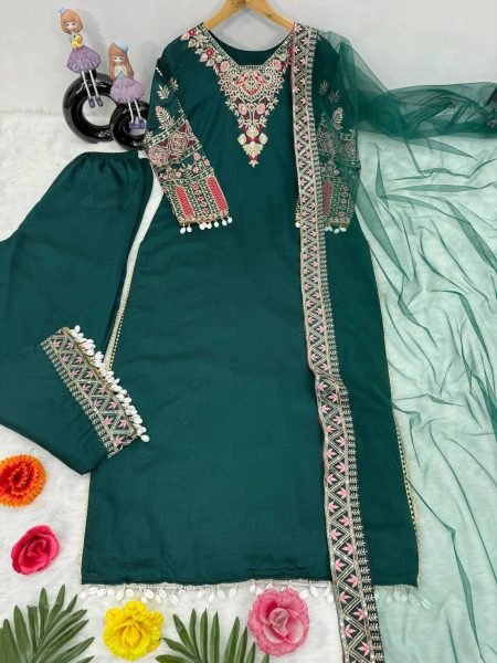 Buy Party Wear Heavy Vichitra Silk With Sequence Work 3 Pcs Suit Set   Ready To Wear Collection