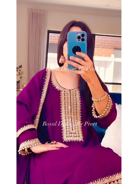 Buy Purple Color Heavy Chinon Silk WIth Embroidery Work Suit Set With Dupatta Ready To Wear Collection