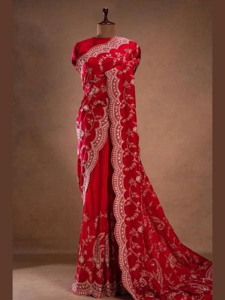 Buy Red Vichitra Silk Saree with Sequin, Thread Work With Unstitched Blouse Sarees 
