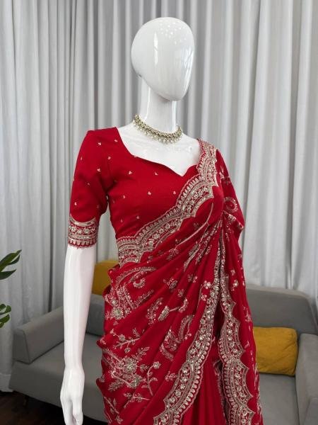 Buy Red Vichitra Silk Saree with Sequin, Thread Work With Unstitched Blouse Silk Sarees Wholesale