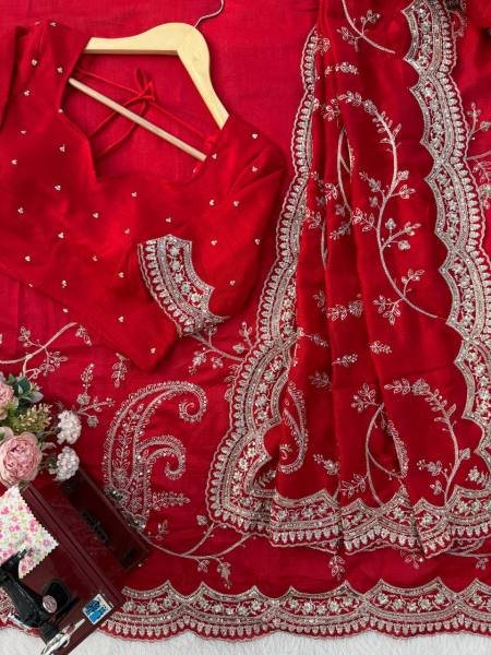 Buy Red Vichitra Silk Saree with Sequin, Thread Work With Unstitched Blouse Silk Sarees Wholesale
