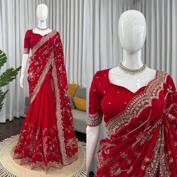 Buy Red Vichitra Silk Saree with Sequin, Thread Work With Unstitched Blouse Silk Sarees Wholesale