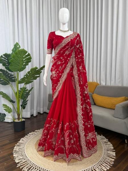 Buy Red Vichitra Silk Saree with Sequin, Thread Work With Unstitched Blouse Silk Sarees Wholesale