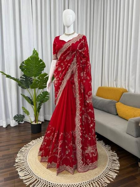 Buy Red Vichitra Silk Saree with Sequin, Thread Work With Unstitched Blouse Silk Sarees Wholesale