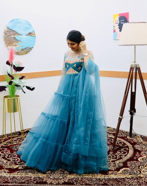 Buy Sky Blue Color Soft Net Gown With Sequence   Embroidery Work  Kurti With Dupatta Wholesale