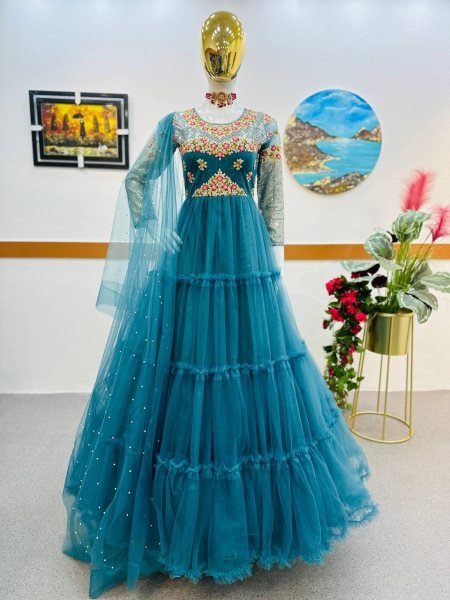 Buy Sky Blue Color Soft Net Gown With Sequence   Embroidery Work  Kurti With Dupatta Wholesale