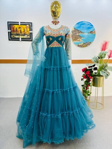 Buy Sky Blue Color Soft Net Gown With Sequence   Embroidery Work  Kurti With Dupatta Wholesale