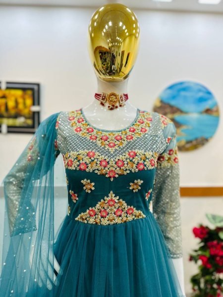 Buy Sky Blue Color Soft Net Gown With Sequence   Embroidery Work  Kurti With Dupatta Wholesale