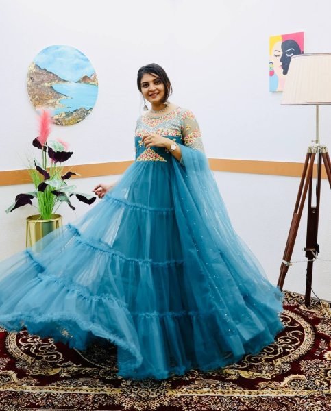Buy Sky Blue Color Soft Net Gown With Sequence   Embroidery Work  Kurti With Dupatta Wholesale