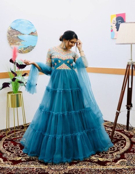 Buy Sky Blue Color Soft Net Gown With Sequence   Embroidery Work  Kurti With Dupatta Wholesale