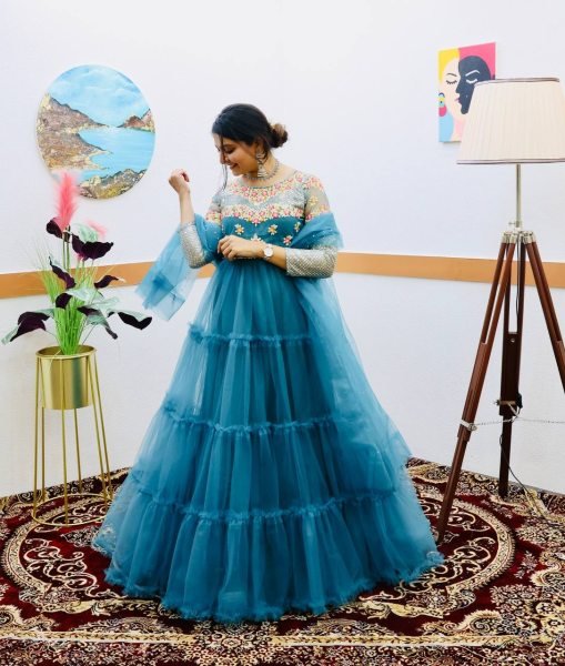 Buy Sky Blue Color Soft Net Gown With Sequence   Embroidery Work  Kurti With Dupatta Wholesale