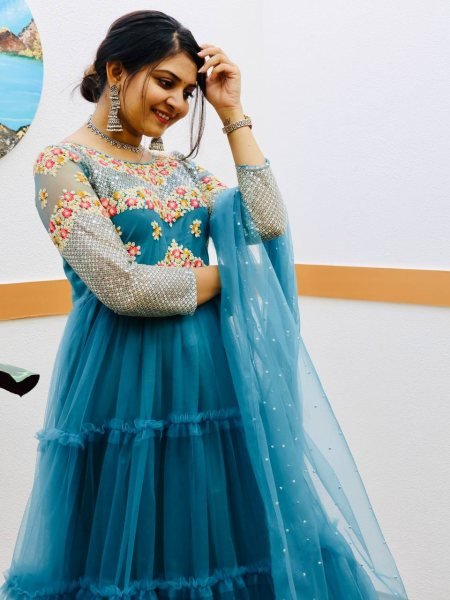 Buy Sky Blue Color Soft Net Gown With Sequence   Embroidery Work  Kurti With Dupatta Wholesale