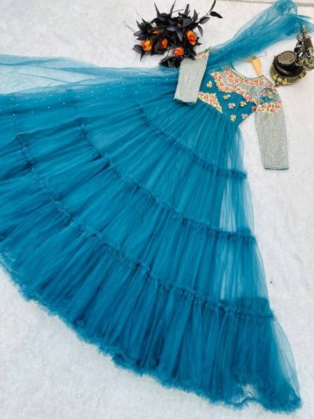 Buy Sky Blue Color Soft Net Gown With Sequence   Embroidery Work  Kurti With Dupatta Wholesale