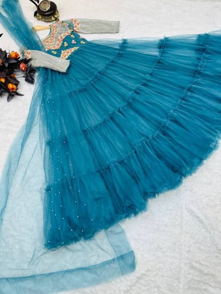Buy Sky Blue Color Soft Net Gown With Sequence   Embroidery Work  Kurti With Dupatta Wholesale
