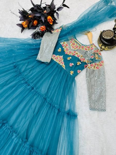 Buy Sky Blue Color Soft Net Gown With Sequence   Embroidery Work  Kurti With Dupatta Wholesale
