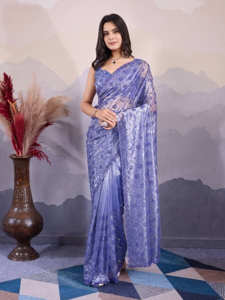 C Pallu Handwork With Sequence Twill Net Saree Collection  