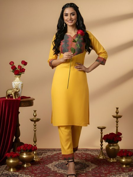 Calf-Length Yellow Cotton Kurta with 3/4 Sleeves and Matching Trousers  Kurtis