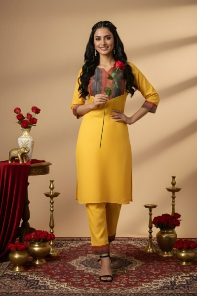 Calf-Length Yellow Cotton Kurta with 3/4 Sleeves and Matching Trousers   Straight Cut Long Kurtis