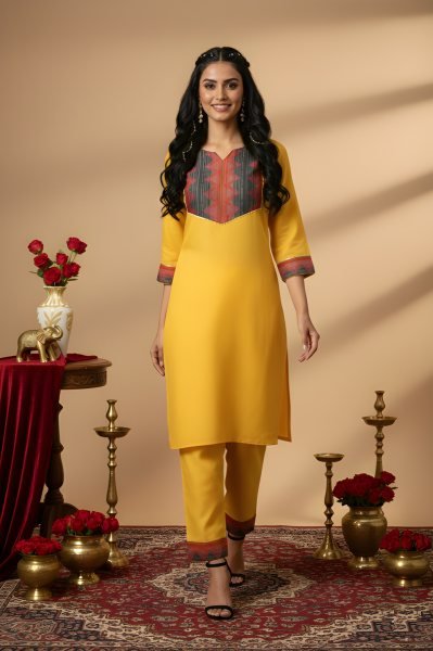 Calf-Length Yellow Cotton Kurta with 3/4 Sleeves and Matching Trousers   Straight Cut Long Kurtis