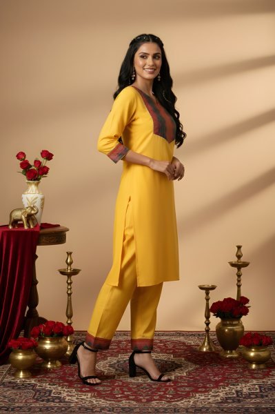 Calf-Length Yellow Cotton Kurta with 3/4 Sleeves and Matching Trousers   Straight Cut Long Kurtis