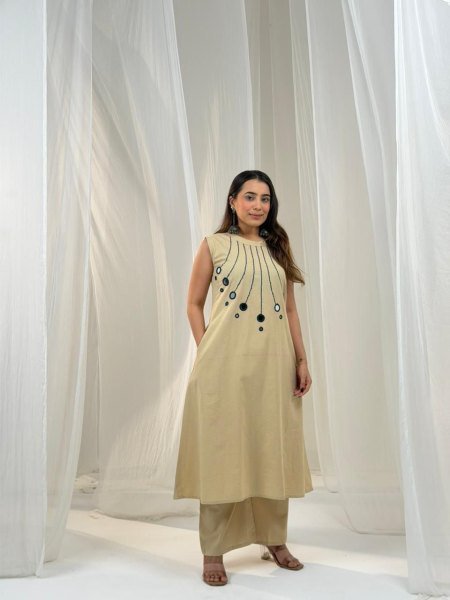 Calyra Cream Cotton Cord Set with Palazzo for Modern Ethnic Look CO ORD Sets