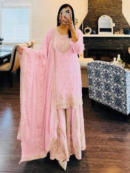 Captivating Baby Pink Georgette Straight Kurta Sharara Dupatta Set At Dubai Rate Ready To Wear Suit