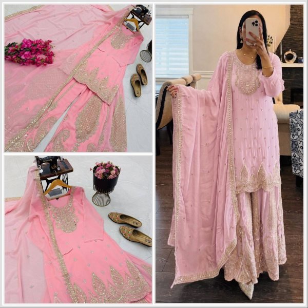 Captivating Baby Pink Georgette Straight Kurta Sharara Dupatta Set At Dubai Rate Ready To Wear Collection