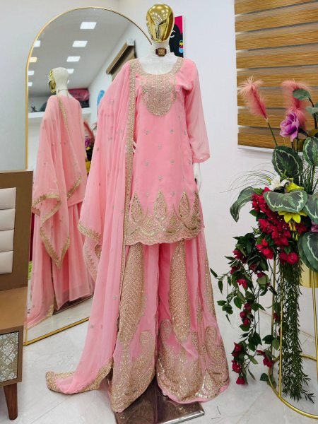 Captivating Baby Pink Georgette Straight Kurta Sharara Dupatta Set At Dubai Rate Ready To Wear Collection