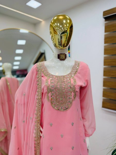 Captivating Baby Pink Georgette Straight Kurta Sharara Dupatta Set At Dubai Rate Ready To Wear Collection