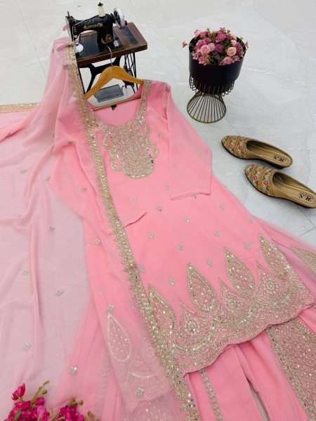 Captivating Baby Pink Georgette Straight Kurta Sharara Dupatta Set At Dubai Rate Ready To Wear Collection