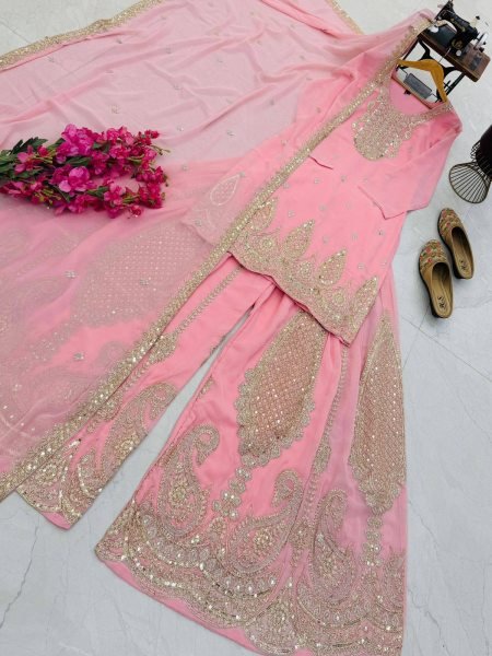 Captivating Baby Pink Georgette Straight Kurta Sharara Dupatta Set At Dubai Rate Ready To Wear Collection