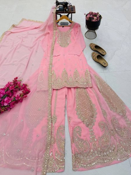 Captivating Baby Pink Georgette Straight Kurta Sharara Dupatta Set At Dubai Rate Ready To Wear Collection